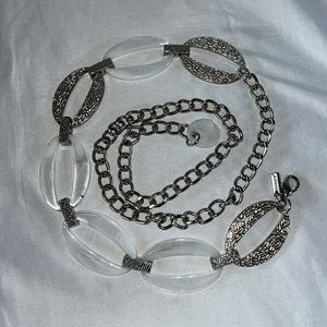 Chico’s Chain Link Belt Silver Tone White Marbled Acrylic 42” Statement Women’s